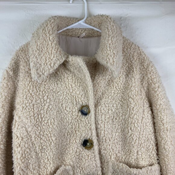 Free People Women Sz S Ivory So Soft Sherpa Oversized Teddy Button Down Pea Coat - Picture 3 of 9